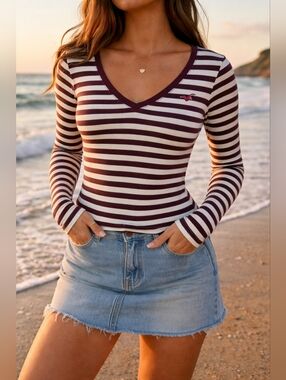 Hollister Burgundy and White Striped V-Neck Long Sleeve Top